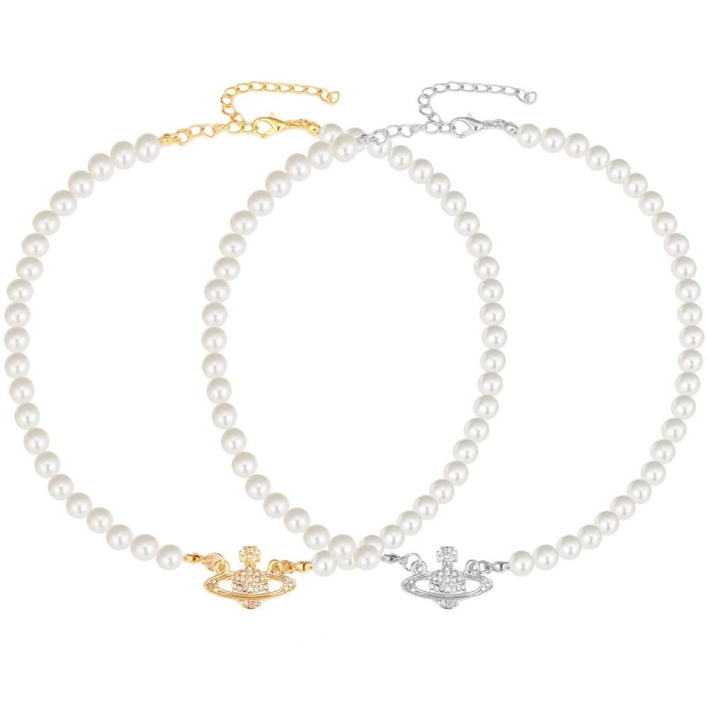 SANNIDHI 2PCS Pearl Necklace Set for Women Fashion Choker Necklace Saturn Design Rhinestones Crystal Jewelry Charm for Lady Girlfriend Birthday Anniversary Gift SANNIDHI 2PCS Pearl Necklace Set for Women Fashion Choker Necklace Saturn Design Rhinestones Crystal Jewelry Charm for Lady Girlfriend Birthday Anniversary Gift